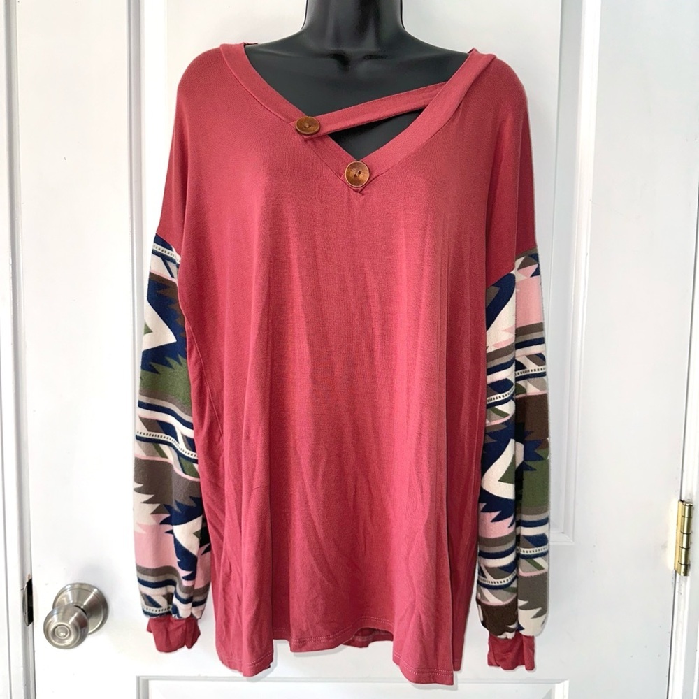 Celeste Southwestern Print V-Neck Tunic Top, featuring a solid Red Color body